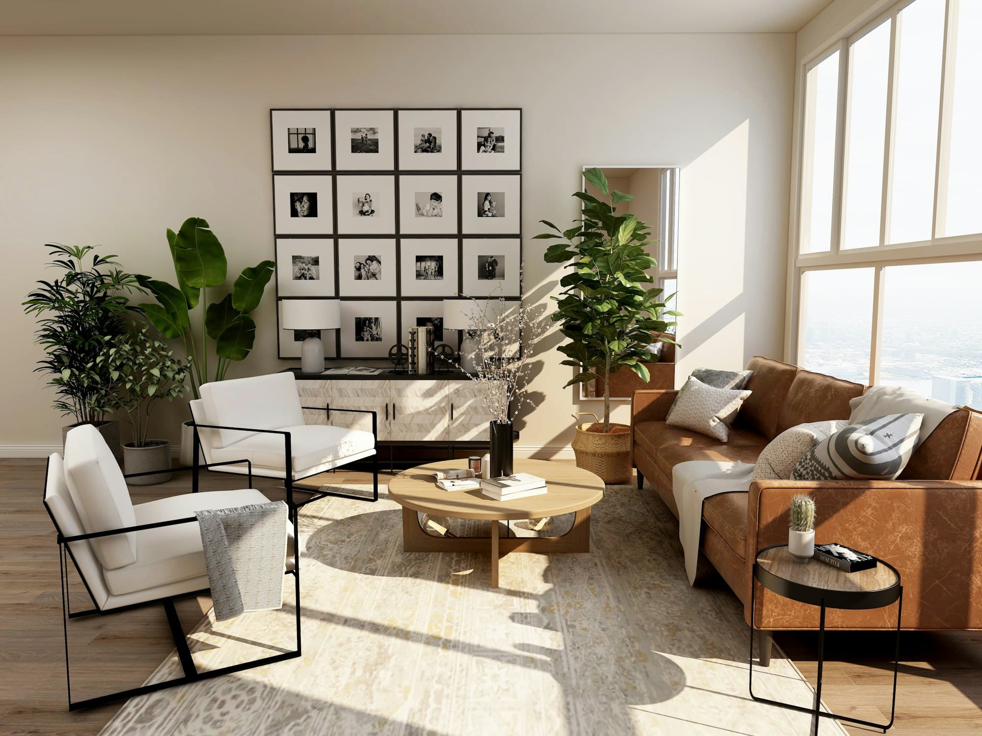 A sunlit living room with plants and a comfortable sofa.